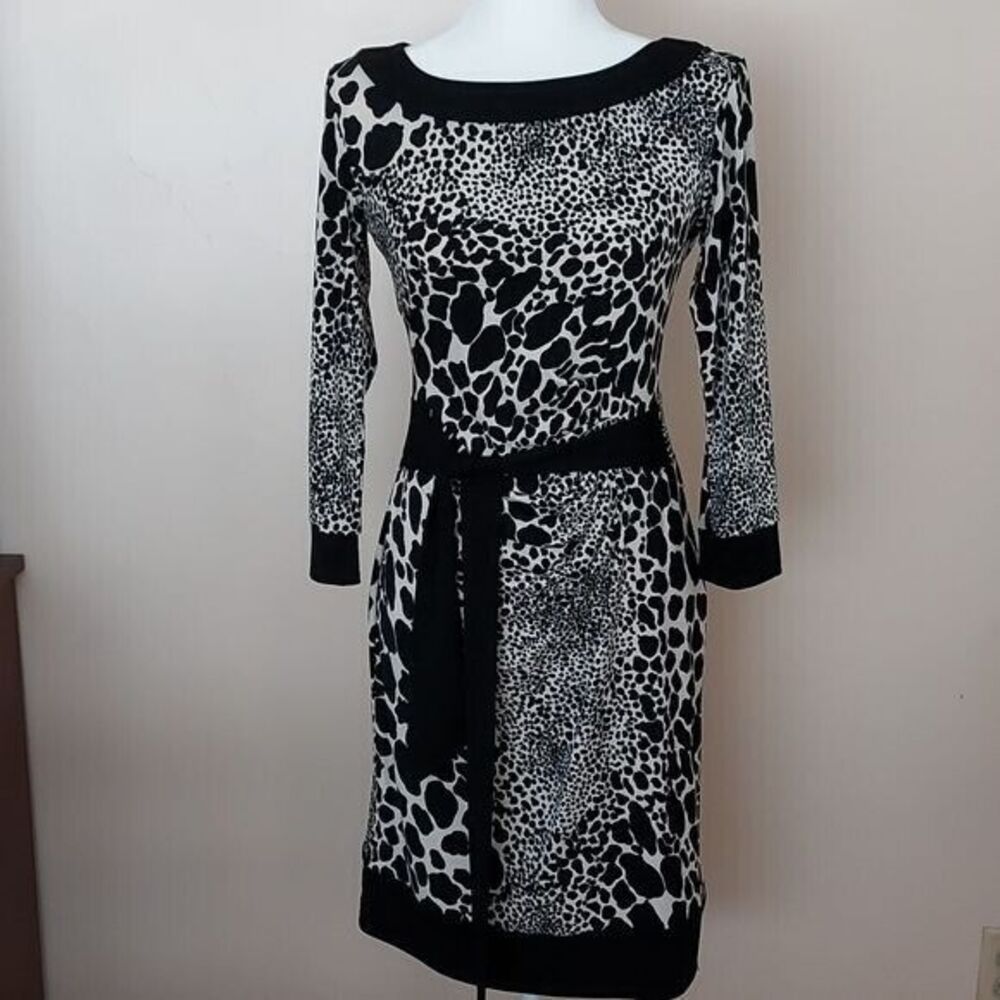 Roulette Sm Animal Print Cow Leopard Dress 3/4‎ Sleeve Stretch Black Cream Tan